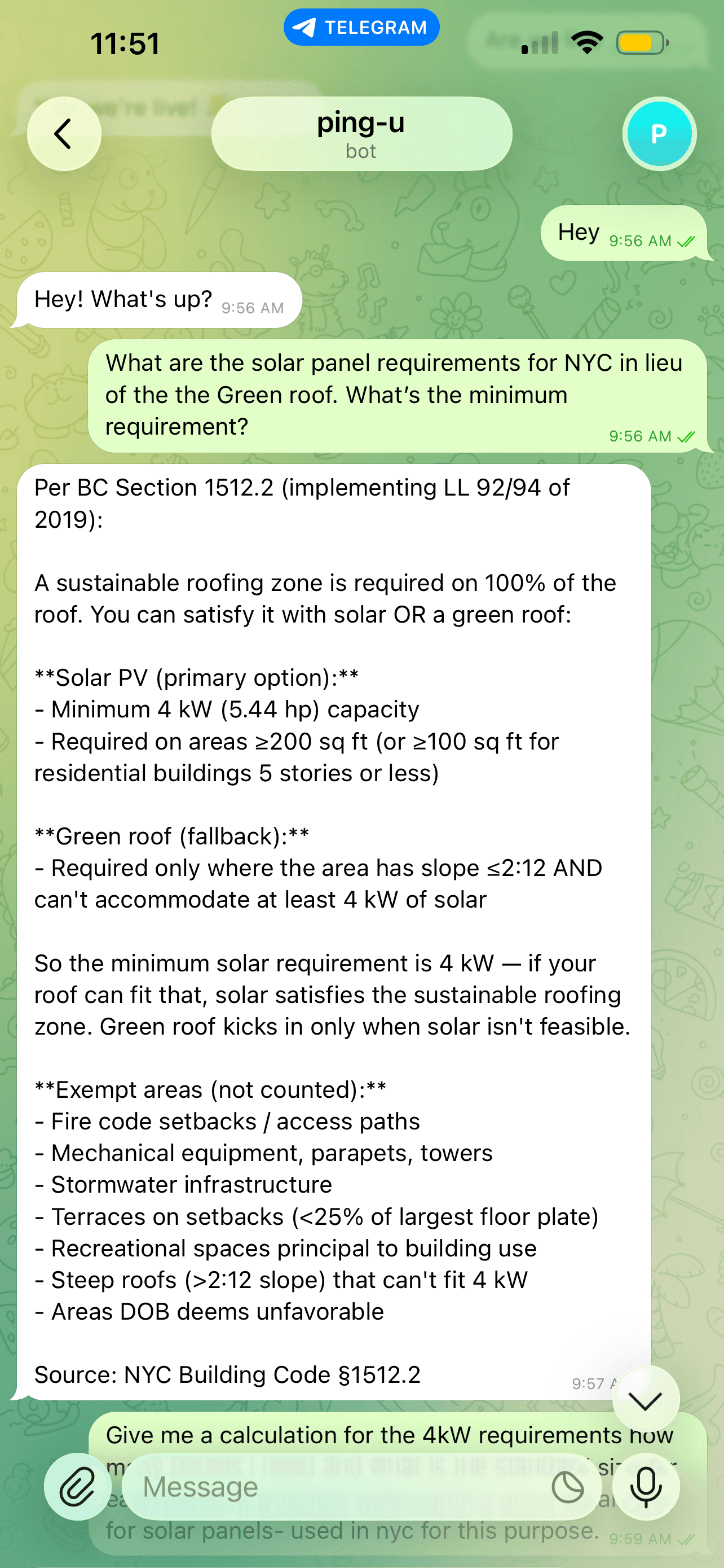 A question asked in Telegram about NYC solar / green-roof requirements; the agent replies citing Building Code Section 1512.2 with the specific solar PV minimums.