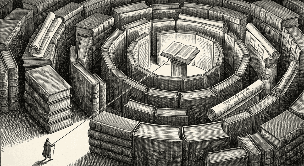A lone figure at the edge of a vast labyrinth built from stacked law books and rolled drawings, holding a single thread that runs straight to one open book at the center, finding the right code section in an overwhelming library.